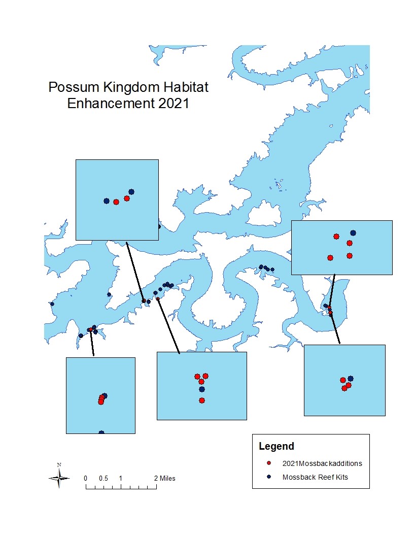 Location of Mossback Reef Kits and Mossback Enhancements from 2021 on Possum Kingdom Lake