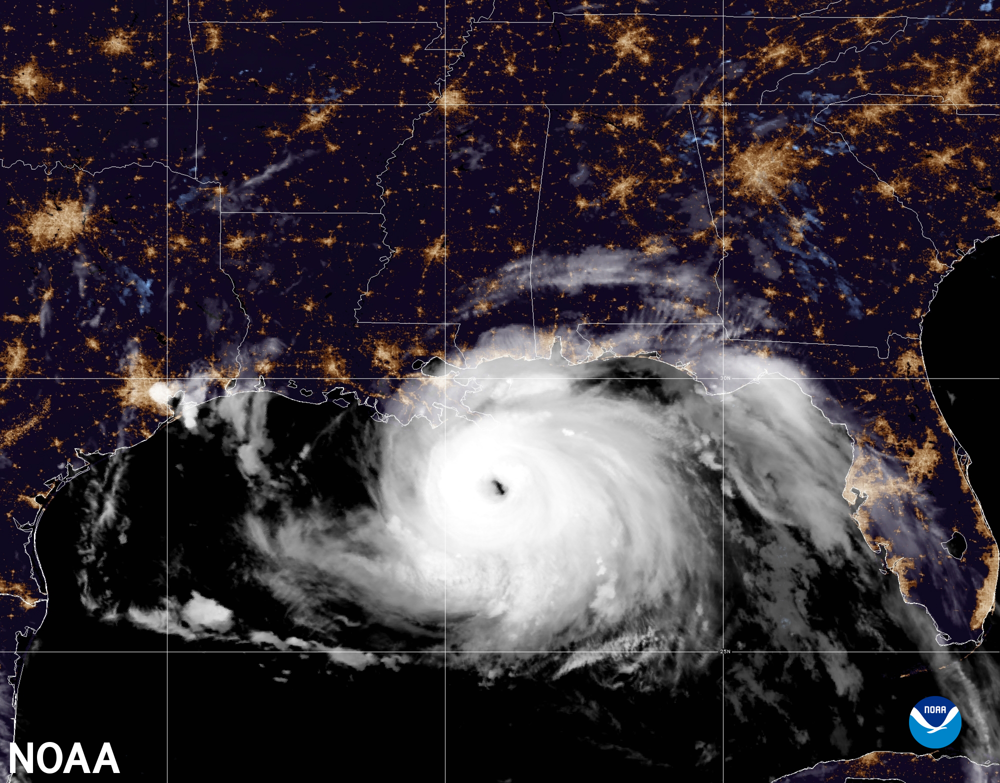 A visible satellite image of Hurricane Ida approaching land in the Gulf of Mexico taken by NOAA's GOES-16 satellite Aug. 29, 2021.