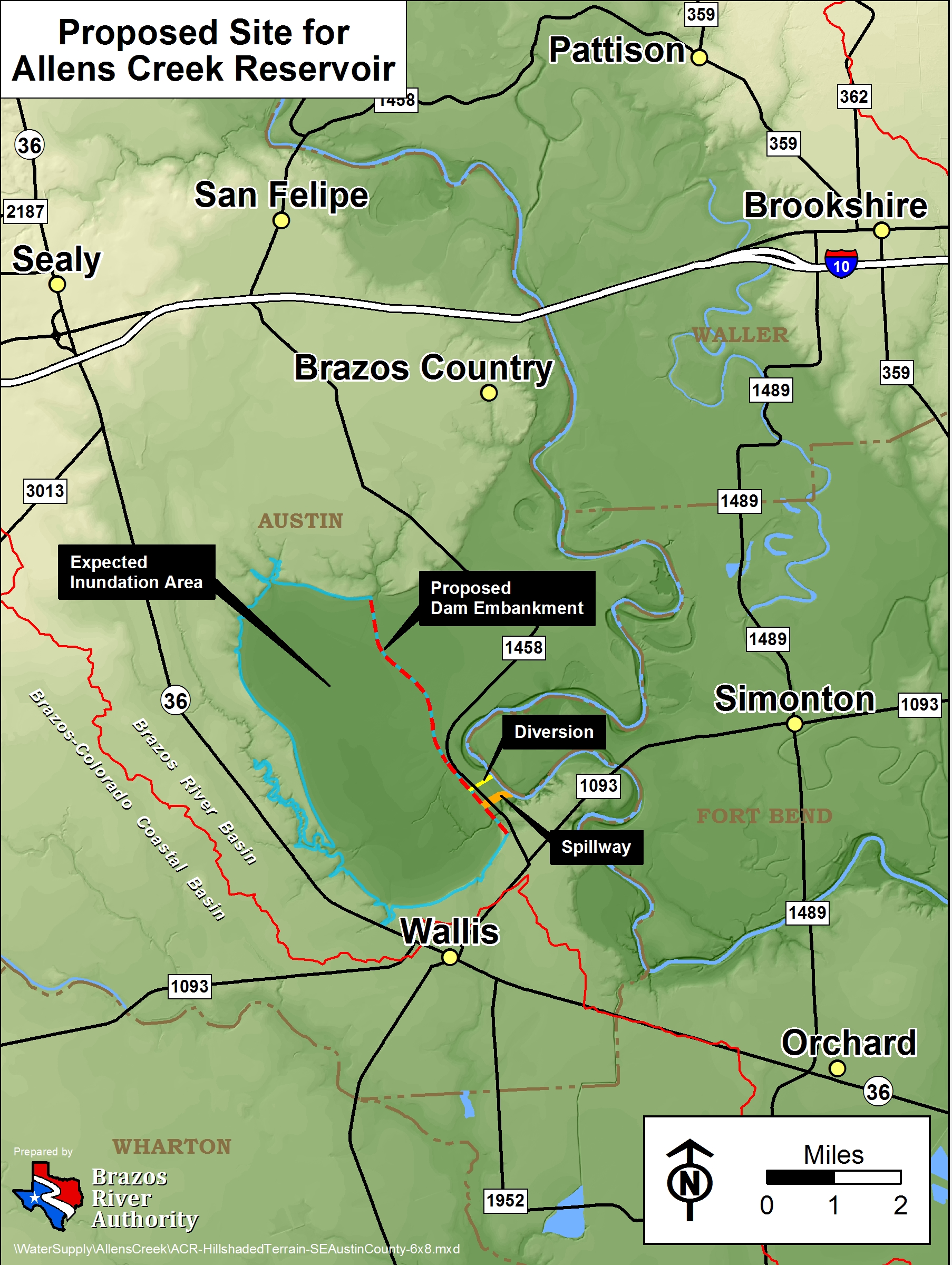 A map of the proposed Allens Creek Reservoir location