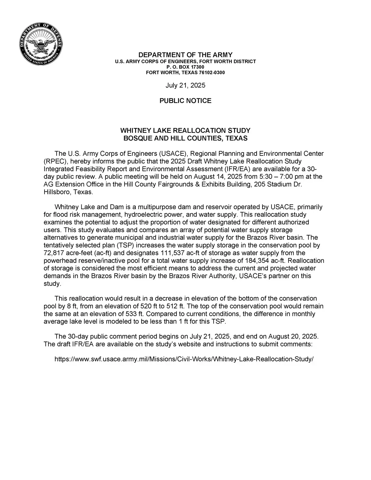 Public Notice for Lake Whitney Reallocation