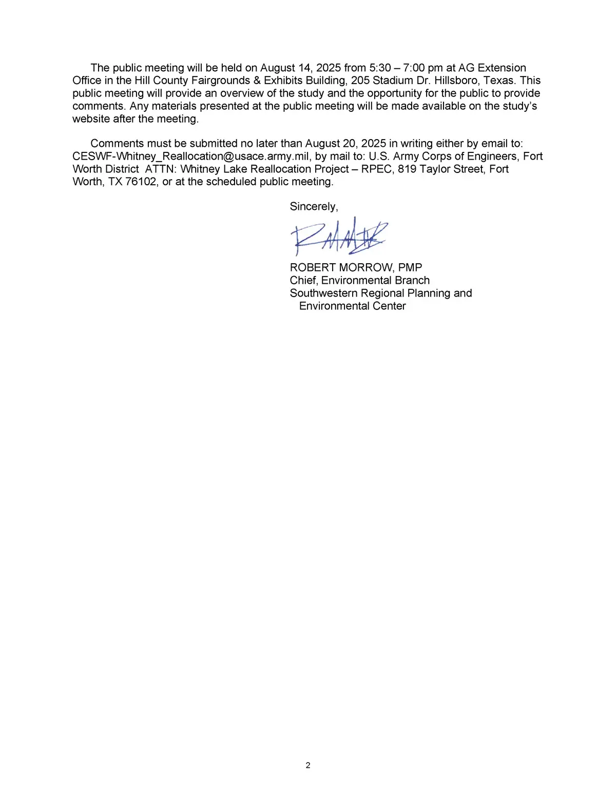 Public Notice for Lake Whitney Reallocation