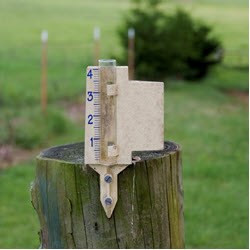 Rain gauge attached to a wooden post